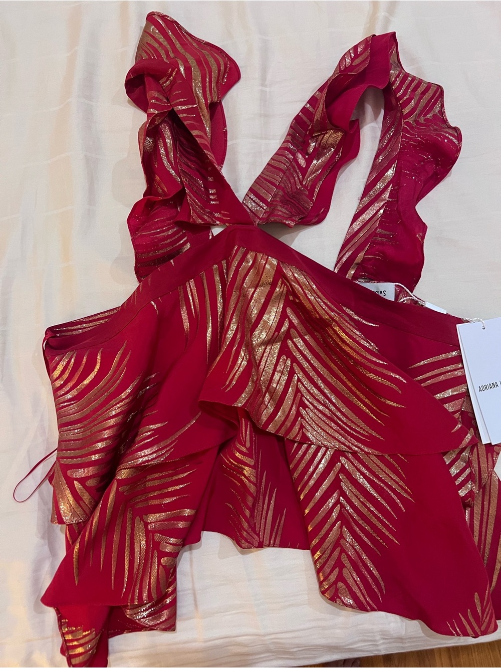 Adriana Iglesias Red Metallic Gold Ruffle Camisole Top